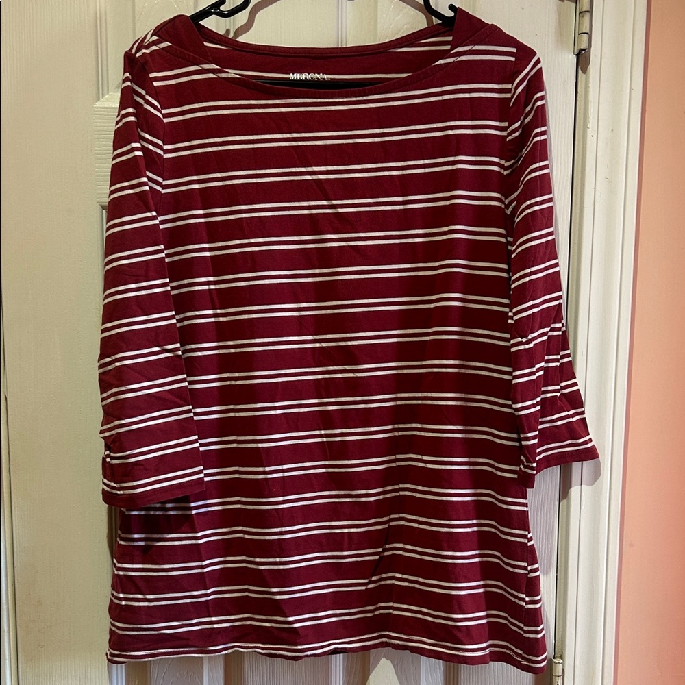 Merona Burgundy and White Striped Long Sleeve Top